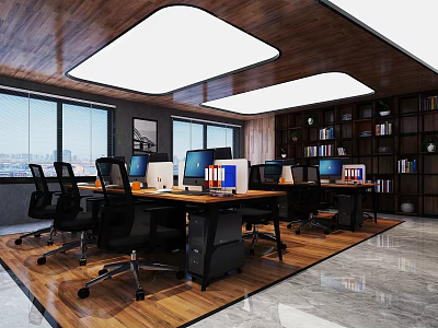 Spacious Public Office Space With Wooden Ceiling Large Windows Bookshelves And Computer Workstations 3d model