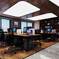 Spacious Public Office Space With Wooden Ceiling Large Windows Bookshelves And Computer Workstations