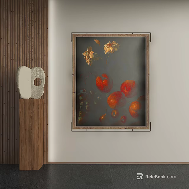 Abstract Painting With Wooden Frame Featuring Red Orange Elements And Gray Background Wall Decor 3d model