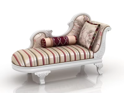 Classical Chaise Lounge With Carved White Frame Striped Cushion And Floral Pillows 3d model