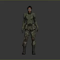 Game And Movie Character Female In Futuristic Armor With Blue Goggles Tactical Gear Standing Pose