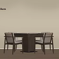Modern Wooden Entertainment Table With Minimalist Design And Four Woven Chairs In Neutral Interior Setting