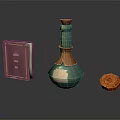 Pink Book Green Potion Bottle And Orange Flower Decoration On Dark Surface