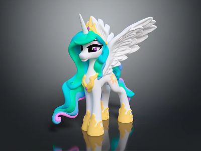 Magical White Winged Unicorn Pony With Green Blue Mane Yellow Hooves And Crown 3d model