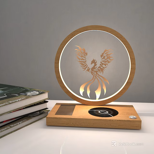 Illuminated Circular Decorative Lamp With Wooden Frame Golden Phoenix Design And Base 3d model 