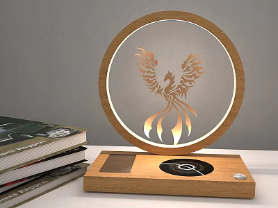 Illuminated Circular Decorative Lamp With Wooden Frame Golden Phoenix Design And Base 3d model