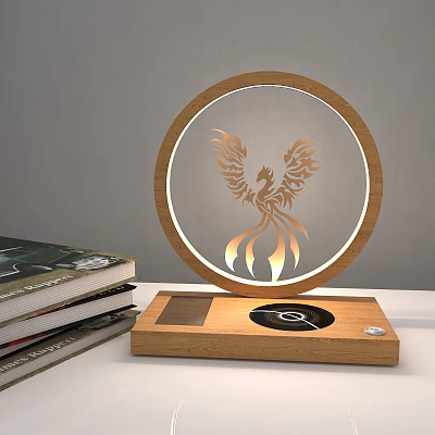 Illuminated Circular Decorative Lamp With Wooden Frame Golden Phoenix Design And Base 3d model