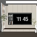 Modern TV Background Wall Design With Built In Cabinets Digital Time Display And Plants