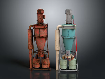 Red And Blue Industrial Processing Equipment With Conical Body Pipes And Base Supports 3d model