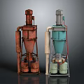 Red And Blue Industrial Processing Equipment With Conical Body Pipes And Base Supports