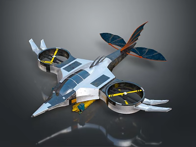 Futuristic Flying Vehicle with Sleek Silver Body Dual Rotor Blades Blue Solar Panels on Wings 3d model