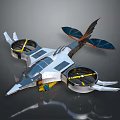 Futuristic Flying Vehicle with Sleek Silver Body Dual Rotor Blades Blue Solar Panels on Wings