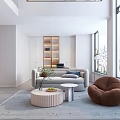 Modern Living And Dining Room Interior With Large Windows City View Sofa Chair And Coffee Table