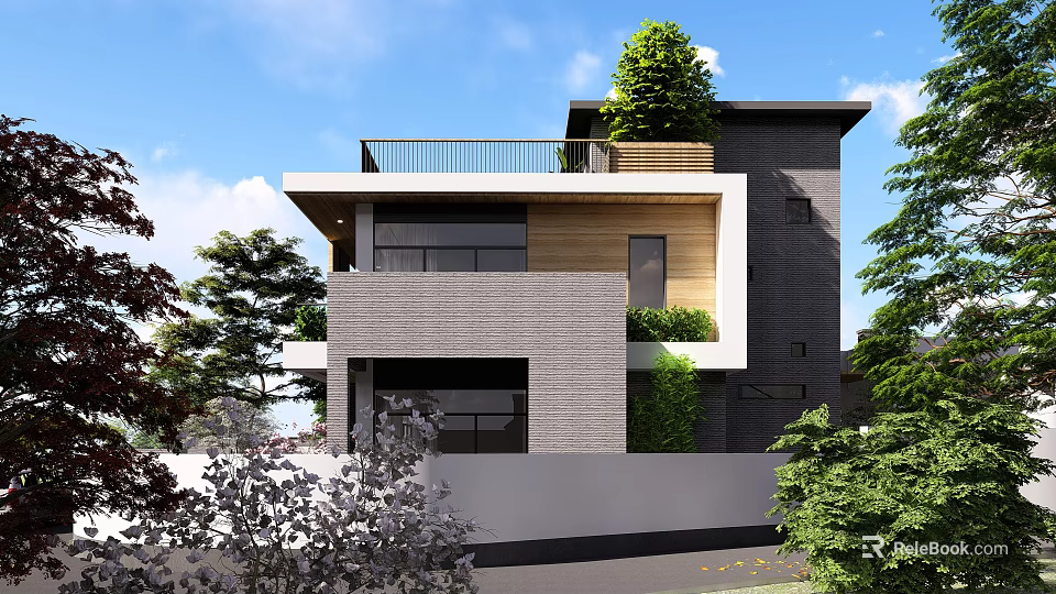 Modern Single Family House Exterior With Gray Brick Facade Wooden Accents And Rooftop Garden 3d model 