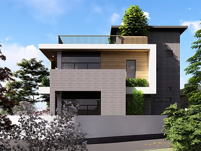 Modern Single Family House Exterior With Gray Brick Facade Wooden Accents And Rooftop Garden 3d model