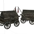 Ancient Wooden Carts With Thatch Roofs Wooden Wheels Flags And Bells