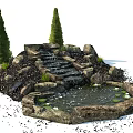 Garden Water Feature With Stone Step Waterfall Small Pond And Conical Trees 3d model