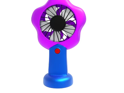 Portable Air Conditioning Fan With Flower Shaped Purple Blades And Blue Base Red Button 3d model