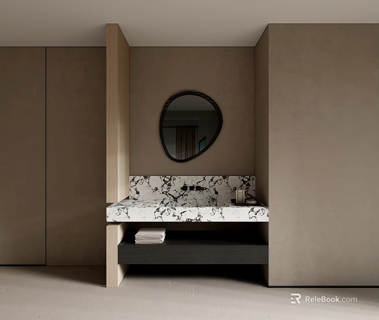Contemporary Bathroom Design Featuring Round Mirror And Marble Vanity With Beige Walls 3d model 