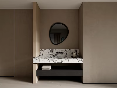 Contemporary Bathroom Design Featuring Round Mirror And Marble Vanity With Beige Walls 3d model