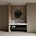 Contemporary Bathroom Design Featuring Round Mirror And Marble Vanity With Beige Walls