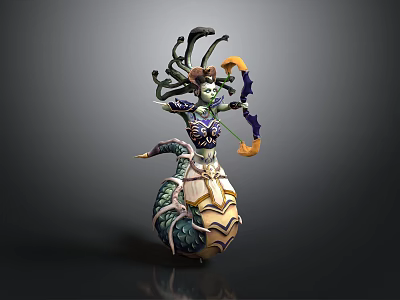 Elaborate Fantasy Woman With Snake Hair Ornate Costume And Bow Weapon 3d model