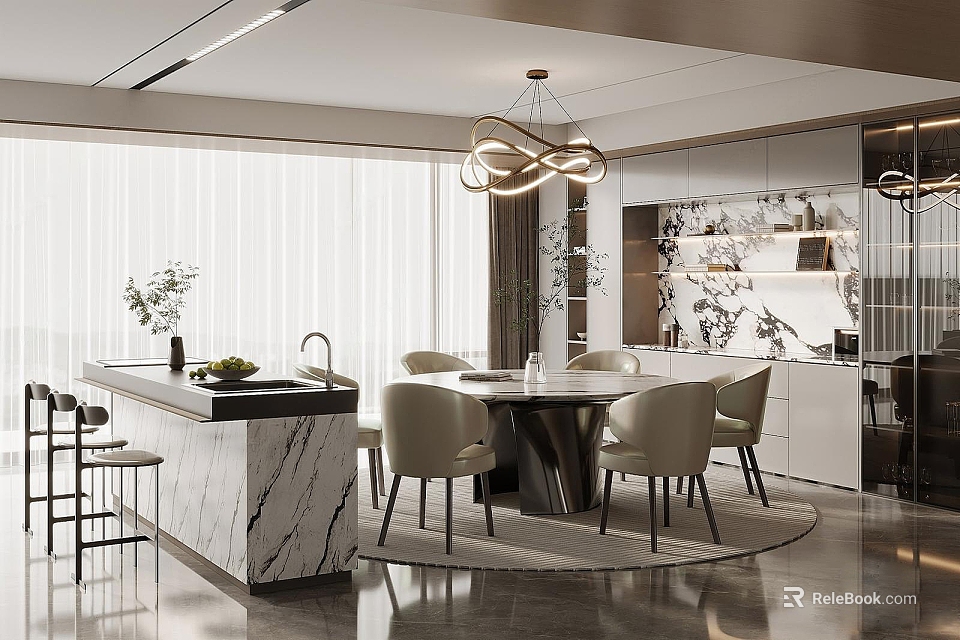 Modern Restaurant Interior With Marble Island Round Dining Table And Pendant Lights 3d model 