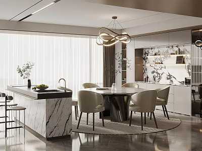 Modern Restaurant Interior With Marble Island Round Dining Table And Pendant Lights 3d model