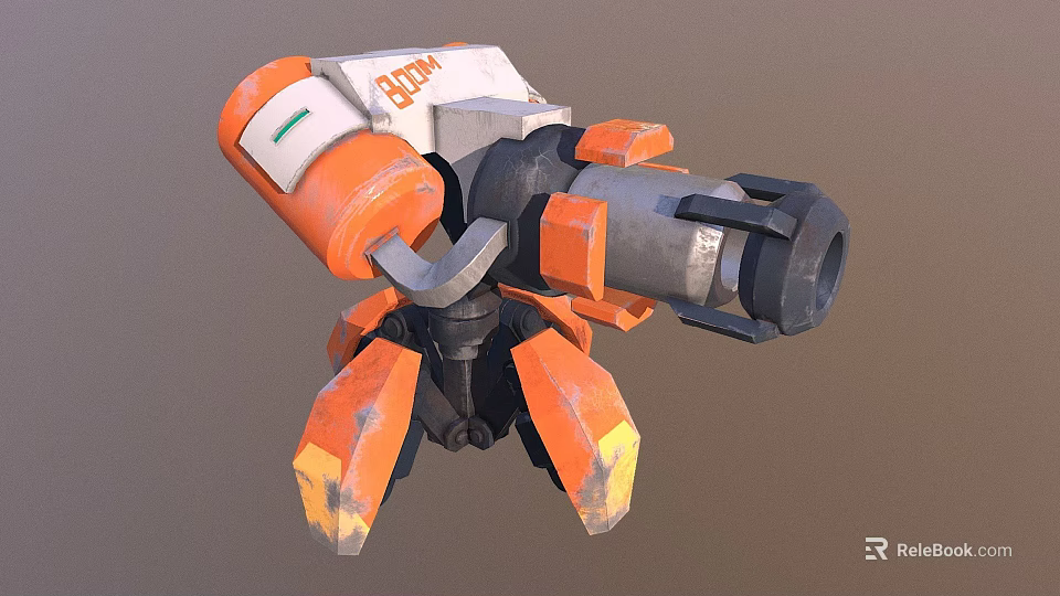 Orange And White Mechanical Weapon Featuring ATOM Logo Worn Details Claw Shaped Base 3d model 