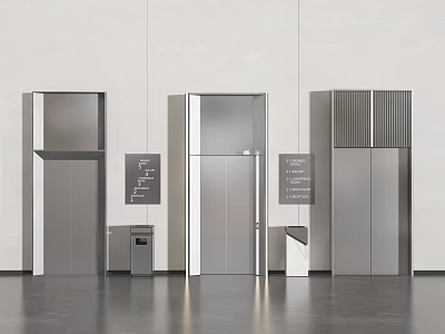 Multiple Modern Elevator Doors With Metallic Finish Light Colored Wall And Dark Floor 3d model