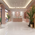Modern Beauty Hair Salon Interior With Pink Reception Counter And Green Plants