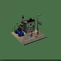 Vintage Building With Green Red Exterior Blue Old Truck Gas Pumps Cactus And Street Lamp