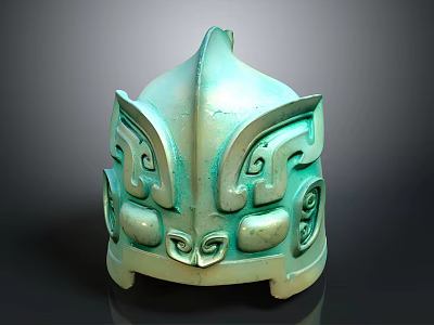 Detailed Ancient Style Bronze Helmet Carving With Ornate Traditional Patterns 3d model