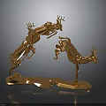 Golden Decorative Deer Sculptures In Jumping Poses With Three Deer On Irregular Base 3d model