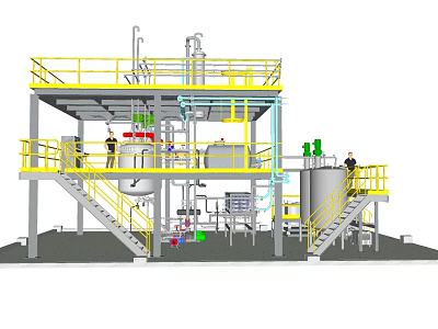 Industrial Equipment With Multi Level Platforms Storage Tanks Pipes And Yellow Railings 3d model