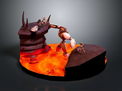 Cartoon Scene Featuring Robot With Mechanical Arm And Small Character On Lava Ground Rock Formation 3d model