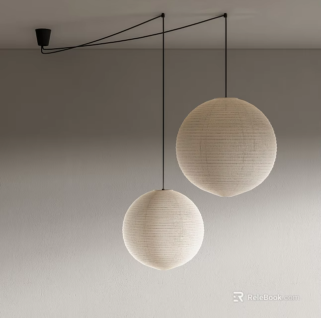 Two White Spherical Pendant Lights Hanging Against Grey Wall Background 3d model