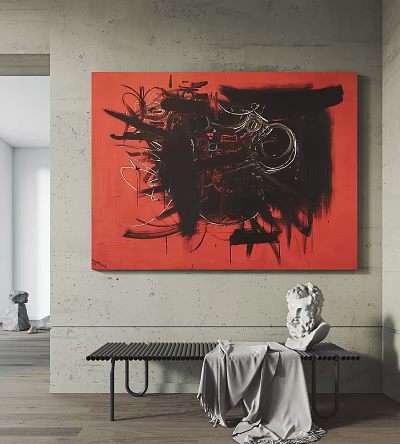 Abstract Painting On Red Background With Black White Brushstrokes White Sculpture And Black Table 3d model