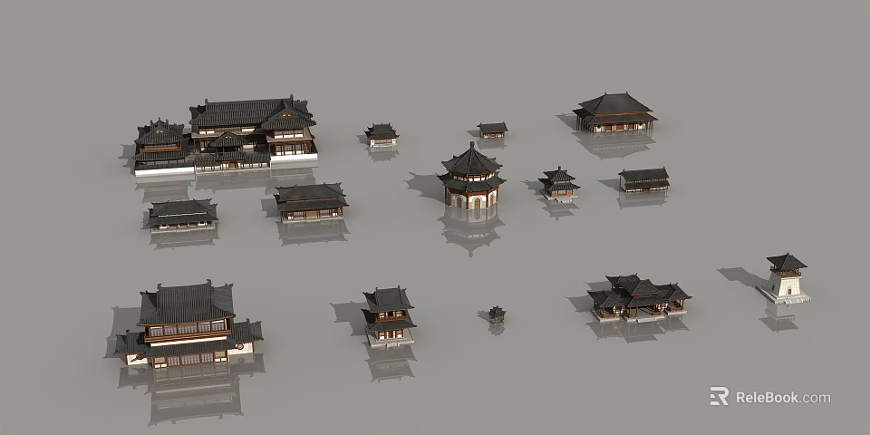 Ancient Architecture Models Featuring Traditional Roofs And Tower Structures 3d model