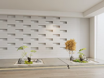Bonsai Potted Plants In Modern Interior With White Geometric Wall And Wooden Floor 3d model