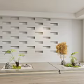 Bonsai Potted Plants In Modern Interior With White Geometric Wall And Wooden Floor