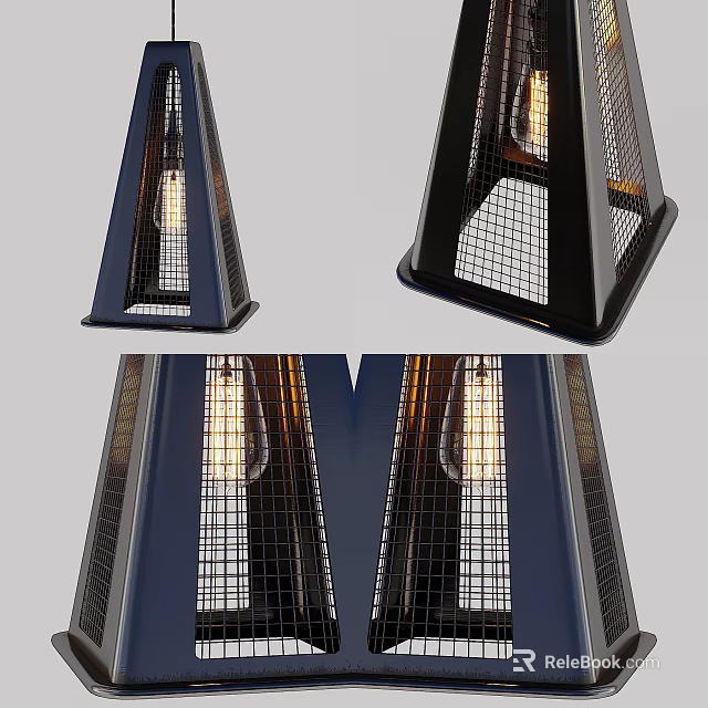 Dark Colored Pyramid Shaped Pendant Light With Metal Mesh And Illuminated Bulb 3d model 