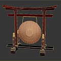 Traditional Red Torii Frame Bronze Gong Hanging Musical Instrument With Decorative Pillars