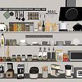 Organized Modern Kitchen Shelves With Spice Jars Knives Pots Bowls And Essential Appliances