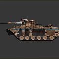 Armored Military Vehicle With Brown Blue Camouflage Paint Tracks Cannon And Top Equipment