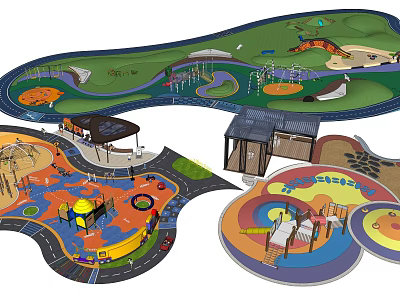 Children's Play Area Design With Colorful Flooring Slides Swings And Shade Structures 3d model