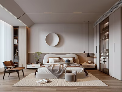 Modern Minimalist Bedroom Interior With Upholstered Headboard Round Decorative Mirror And Built in Wardrobes 3d model