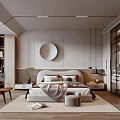Modern Minimalist Bedroom Interior With Upholstered Headboard Round Decorative Mirror And Built in Wardrobes
