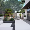 Modern Courtyard Garden With Trees Shrubs White Paving Seating Area And Decorative Lighting