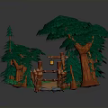 Enchanted Forest Scene With Pine Trees Broadleaf Trees Wooden Structures And Lanterns